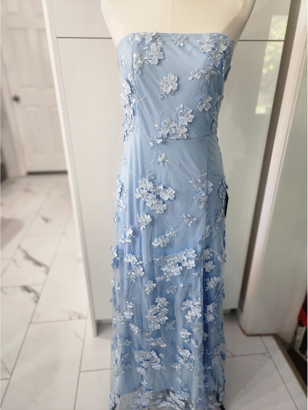 Blue Strapless Embroidered Floral Maxi Dress with Side Slit Size M